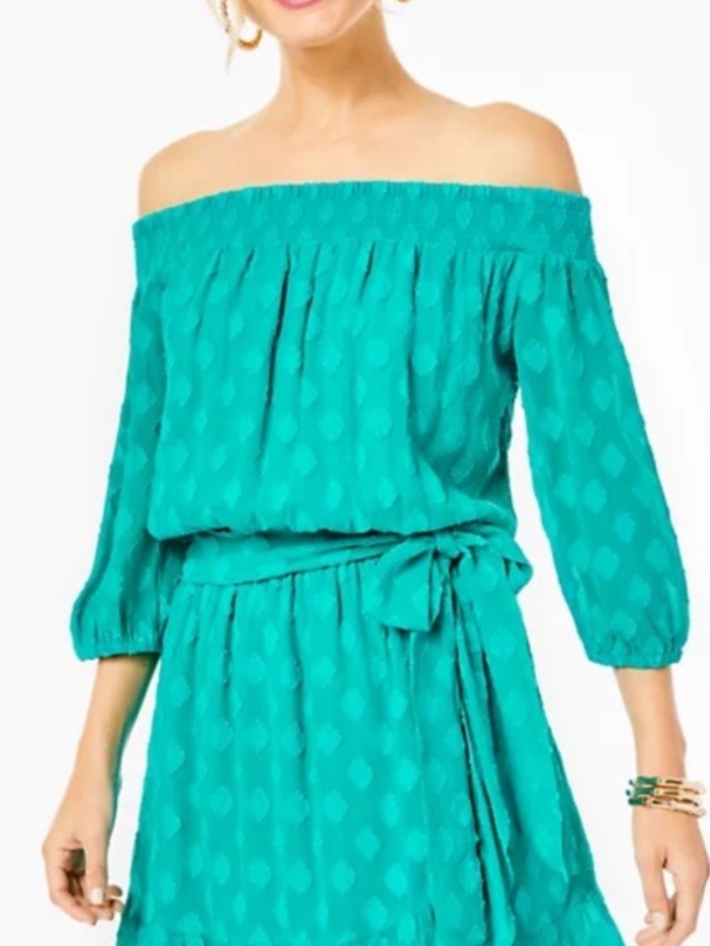 Lilly Pulitzer Rochelle-Off the Shoulder Romper Water Lilly Green Daiquiri Sz M